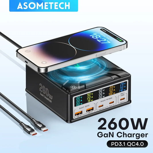 ASOMETECH 260W GaN Charger Digital Display Desktop USB Type C Charger 140W PD3.1 PPS QC4.0 Quick Charger For Laptop Tablet Phone